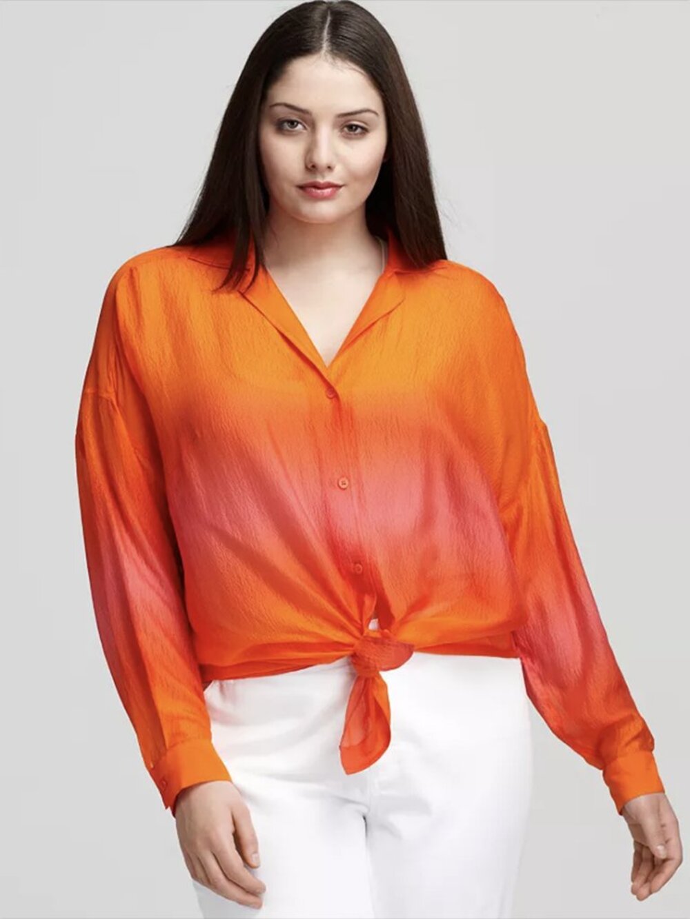 Lafayette 148 Lumi Silk Ombre Blouse XL Long Sleeve Button Front Sheer Orange